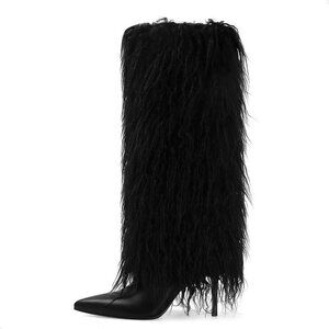 Women's Fur Black Pointed Toe Fold Over Wide Calf Knee High Heel Boots